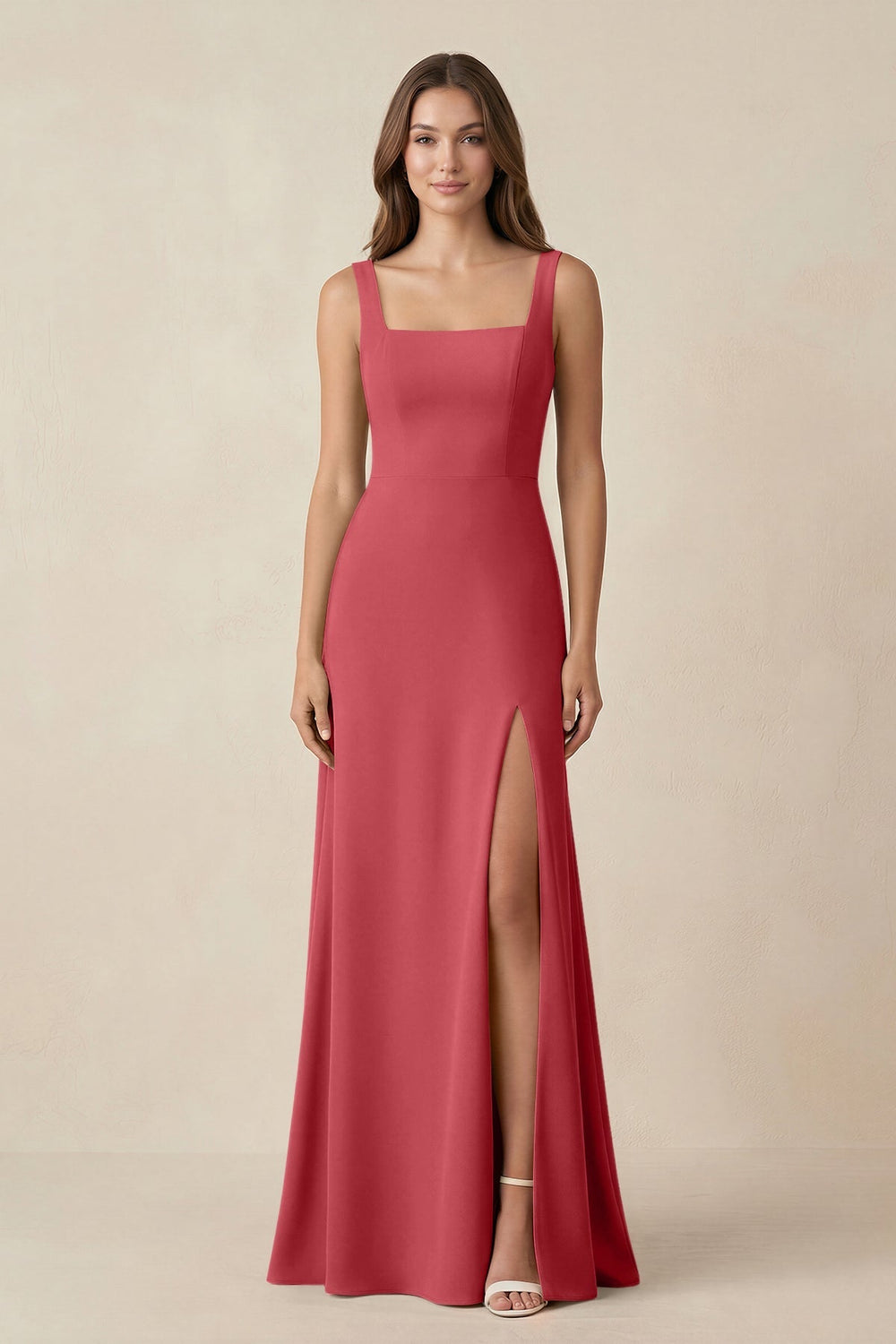 Square Neck A-Line Bridesmaid Dress With Slit in Merlot - KissProm BRIDESMAID DRESSES