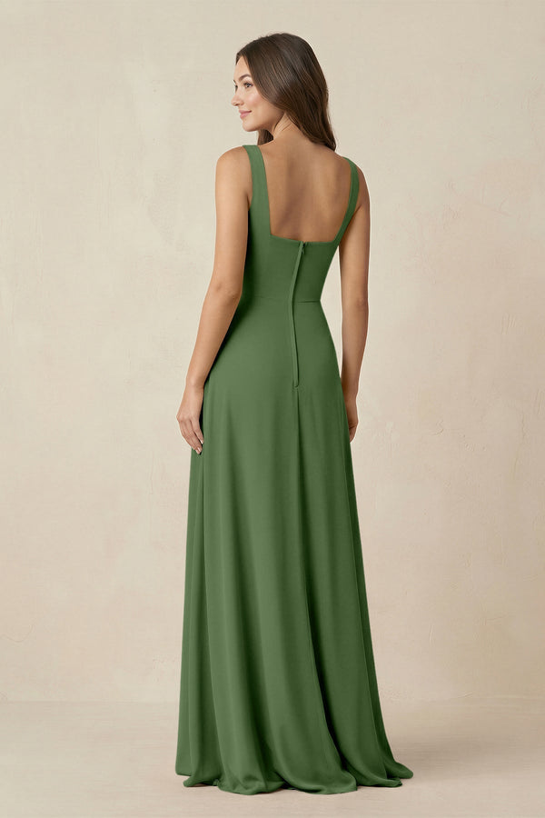 Square Neck A-Line Bridesmaid Dress With Slit in Moss - KissProm BRIDESMAID DRESSES