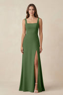Square Neck A-Line Bridesmaid Dress With Slit in Moss - KissProm BRIDESMAID DRESSES