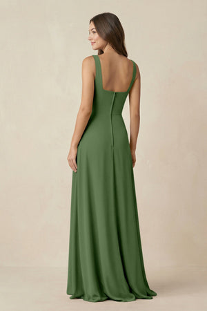 Square Neck A-Line Bridesmaid Dress With Slit in Moss - KissProm BRIDESMAID DRESSES