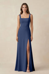 Square Neck A-Line Bridesmaid Dress With Slit in Navy - KissProm BRIDESMAID DRESSES