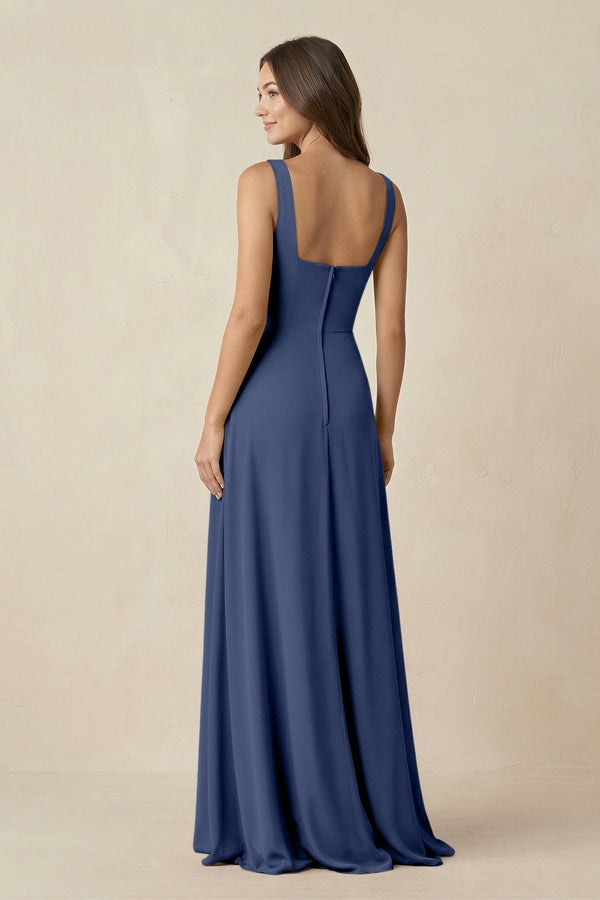 Square Neck A-Line Bridesmaid Dress With Slit in Navy - KissProm BRIDESMAID DRESSES