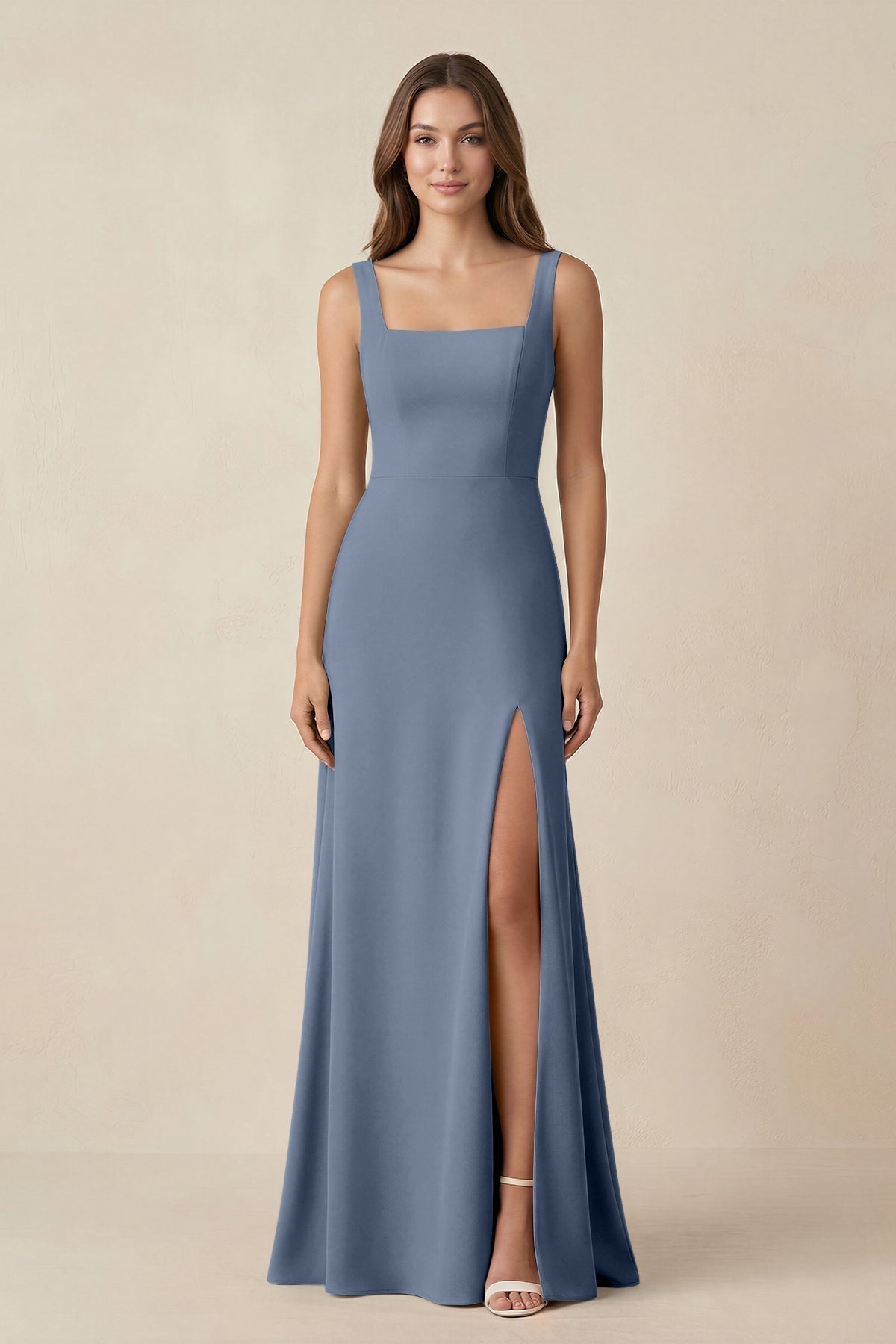 KissProm Square Neck A-Line Bridesmaid Dress With Slit in Neptune, Neptune / 12