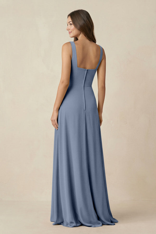 Square Neck A-Line Bridesmaid Dress With Slit in Neptune - KissProm BRIDESMAID DRESSES