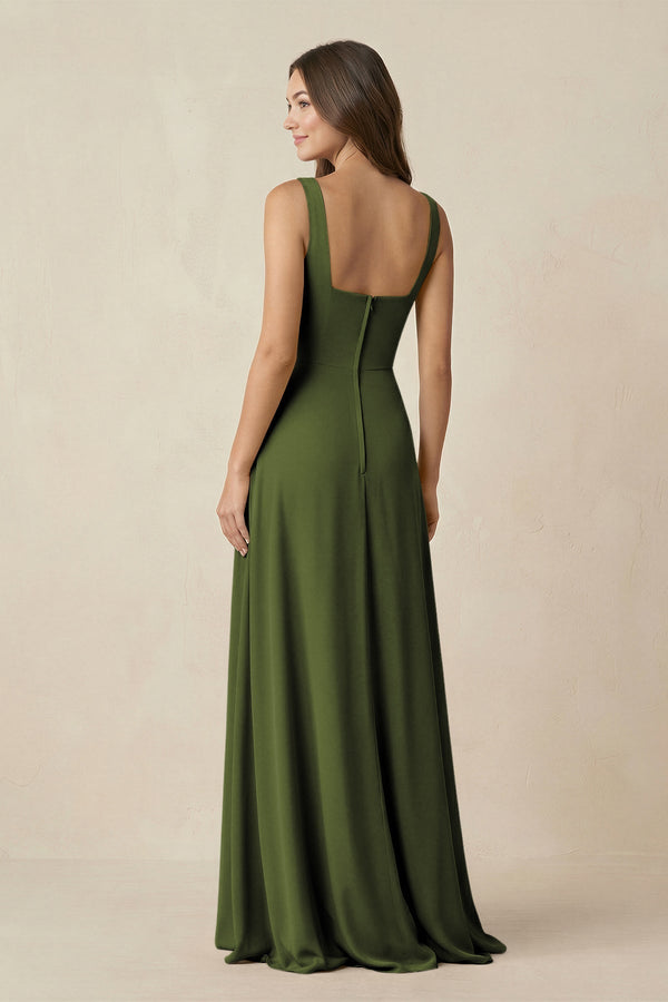 Square Neck A-Line Bridesmaid Dress With Slit in Olive - KissProm BRIDESMAID DRESSES