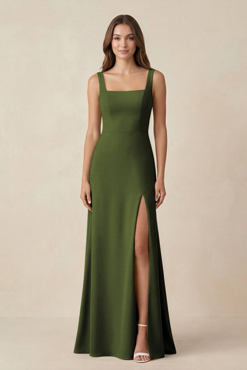 Square Neck A-Line Bridesmaid Dress With Slit in Olive - KissProm BRIDESMAID DRESSES