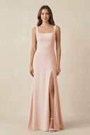 Square Neck A-Line Bridesmaid Dress With Slit in Pale Blush - KissProm BRIDESMAID DRESSES