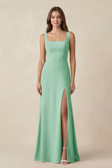 Square Neck A-Line Bridesmaid Dress With Slit in Pale Pistachio - KissProm BRIDESMAID DRESSES