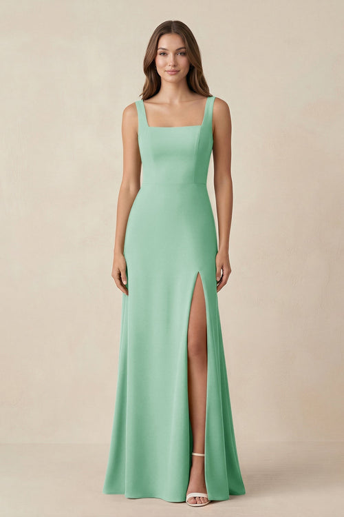 Square Neck A-Line Bridesmaid Dress With Slit in Pale Pistachio - KissProm BRIDESMAID DRESSES