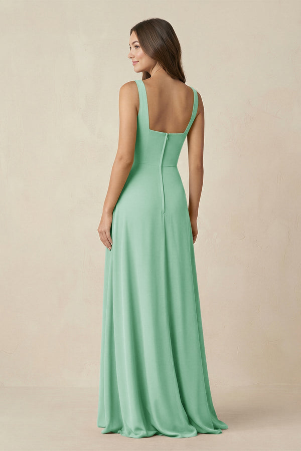 Square Neck A-Line Bridesmaid Dress With Slit in Pale Pistachio - KissProm BRIDESMAID DRESSES