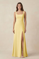 Square Neck A-Line Bridesmaid Dress With Slit in Pastel Yellow - KissProm BRIDESMAID DRESSES