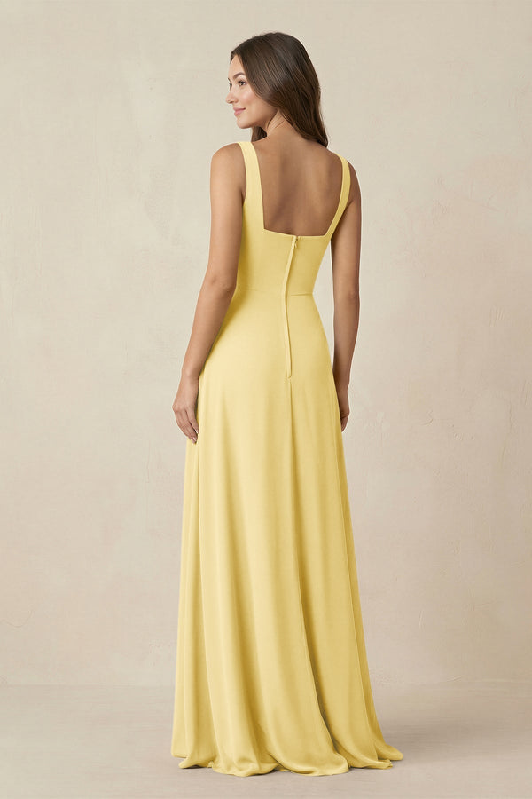 Square Neck A-Line Bridesmaid Dress With Slit in Pastel Yellow - KissProm BRIDESMAID DRESSES