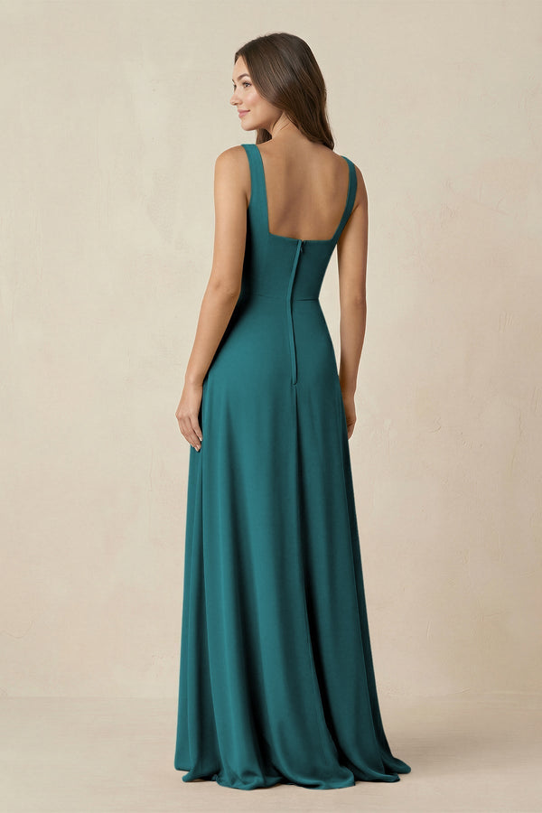 Square Neck A-Line Bridesmaid Dress With Slit in Pine - KissProm BRIDESMAID DRESSES