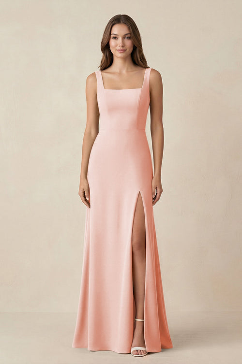 Square Neck A-Line Bridesmaid Dress With Slit in Rose Petal - KissProm BRIDESMAID DRESSES