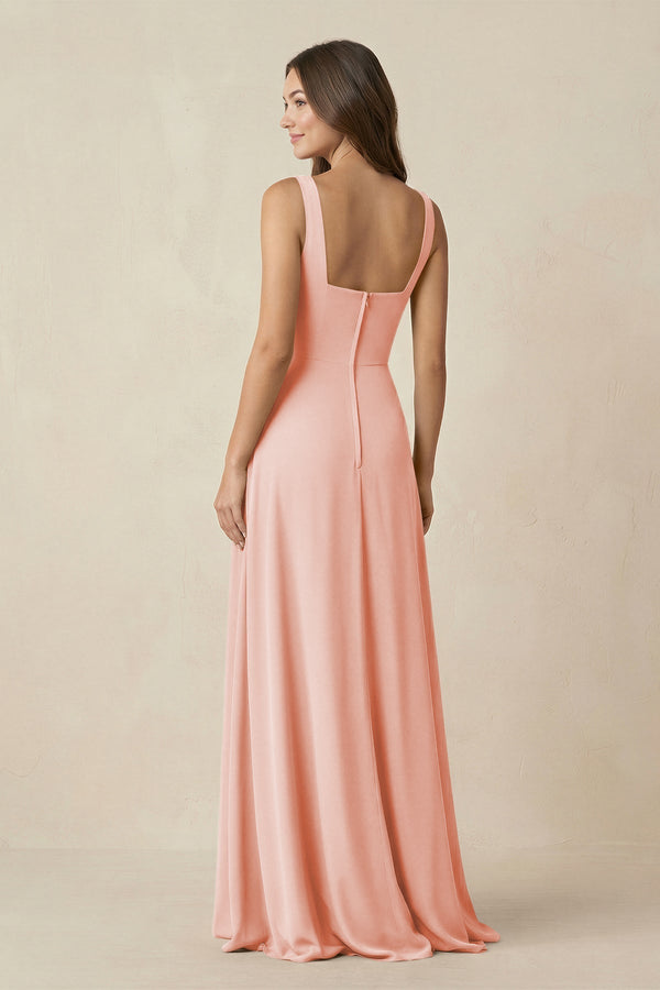 Square Neck A-Line Bridesmaid Dress With Slit in Rose Petal - KissProm BRIDESMAID DRESSES