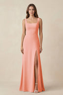 Square Neck A-Line Bridesmaid Dress With Slit in Rosette - KissProm BRIDESMAID DRESSES