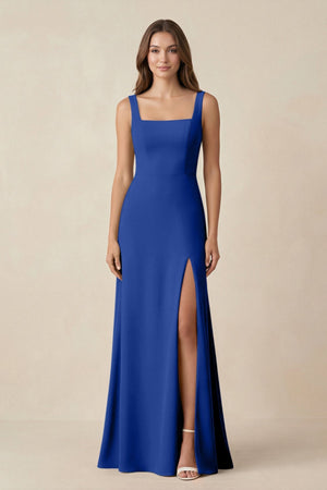 Square Neck A-Line Bridesmaid Dress With Slit in Royal Blue - KissProm BRIDESMAID DRESSES