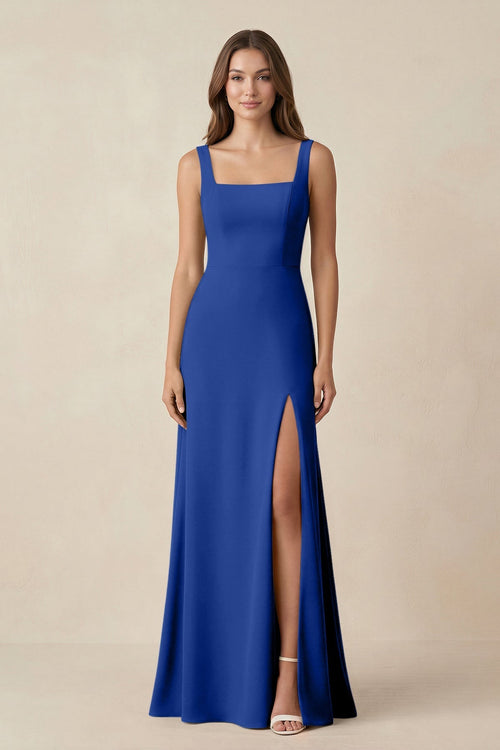 Square Neck A-Line Bridesmaid Dress With Slit in Royal Blue - KissProm BRIDESMAID DRESSES