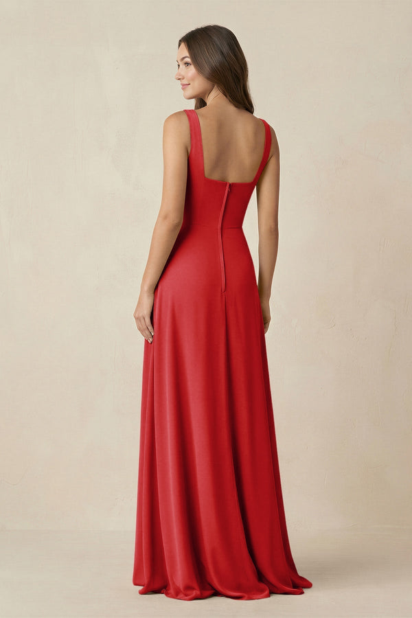 Square Neck A-Line Bridesmaid Dress With Slit in Ruby Red - KissProm BRIDESMAID DRESSES