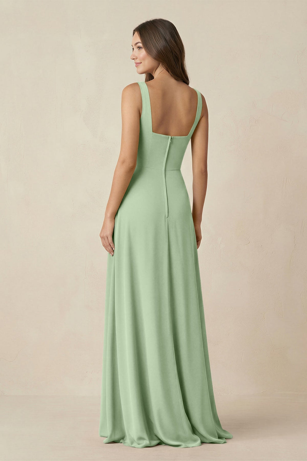 Square Neck A-Line Bridesmaid Dress With Slit in Sage - KissProm BRIDESMAID DRESSES