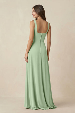 Square Neck A-Line Bridesmaid Dress With Slit in Sage - KissProm BRIDESMAID DRESSES