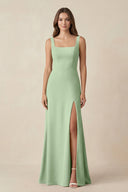Square Neck A-Line Bridesmaid Dress With Slit in Sage - KissProm BRIDESMAID DRESSES