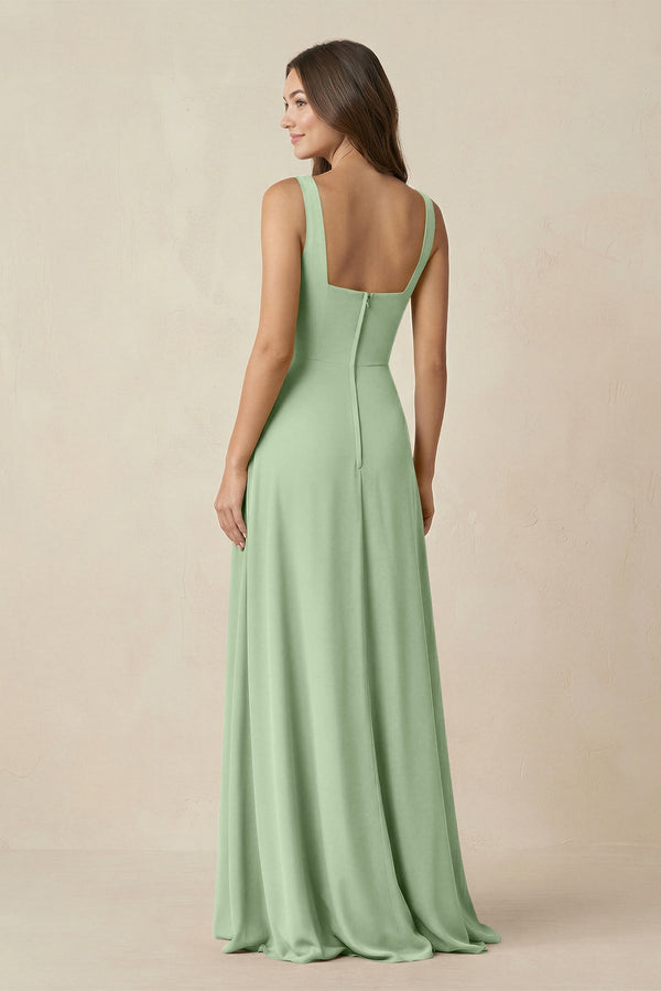 Square Neck A-Line Bridesmaid Dress With Slit in Sage - KissProm BRIDESMAID DRESSES