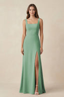 Square Neck A-Line Bridesmaid Dress With Slit in Sea Glass - KissProm BRIDESMAID DRESSES