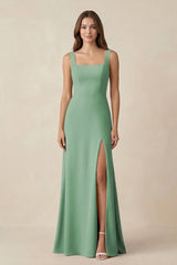 Square Neck A-Line Bridesmaid Dress With Slit in Sea Glass - KissProm BRIDESMAID DRESSES