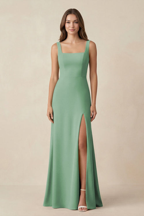 Square Neck A-Line Bridesmaid Dress With Slit in Sea Glass - KissProm BRIDESMAID DRESSES