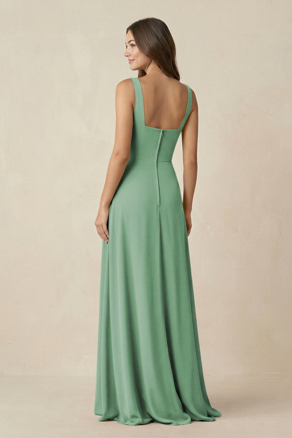 Square Neck A-Line Bridesmaid Dress With Slit in Sea Glass - KissProm BRIDESMAID DRESSES