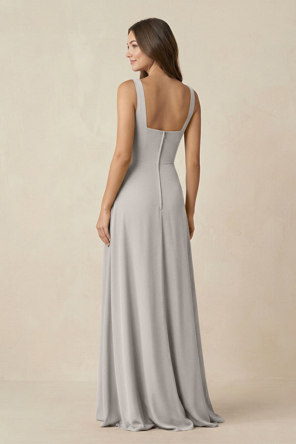 Square Neck A-Line Bridesmaid Dress With Slit in Silver - KissProm BRIDESMAID DRESSES