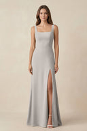 Square Neck A-Line Bridesmaid Dress With Slit in Silver - KissProm BRIDESMAID DRESSES