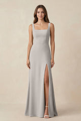 Square Neck A-Line Bridesmaid Dress With Slit in Silver - KissProm BRIDESMAID DRESSES