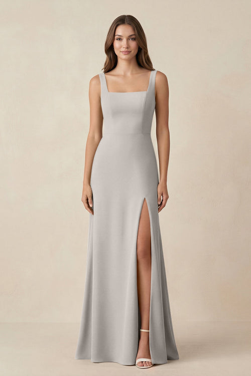 Square Neck A-Line Bridesmaid Dress With Slit in Silver - KissProm BRIDESMAID DRESSES