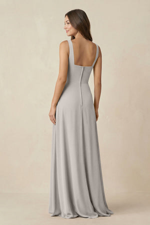 Square Neck A-Line Bridesmaid Dress With Slit in Silver - KissProm BRIDESMAID DRESSES