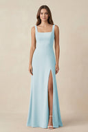 Square Neck A-Line Bridesmaid Dress With Slit in Sky Blue - KissProm BRIDESMAID DRESSES