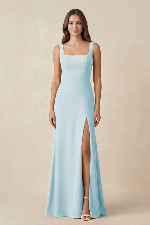Square Neck A-Line Bridesmaid Dress With Slit in Sky Blue - KissProm BRIDESMAID DRESSES