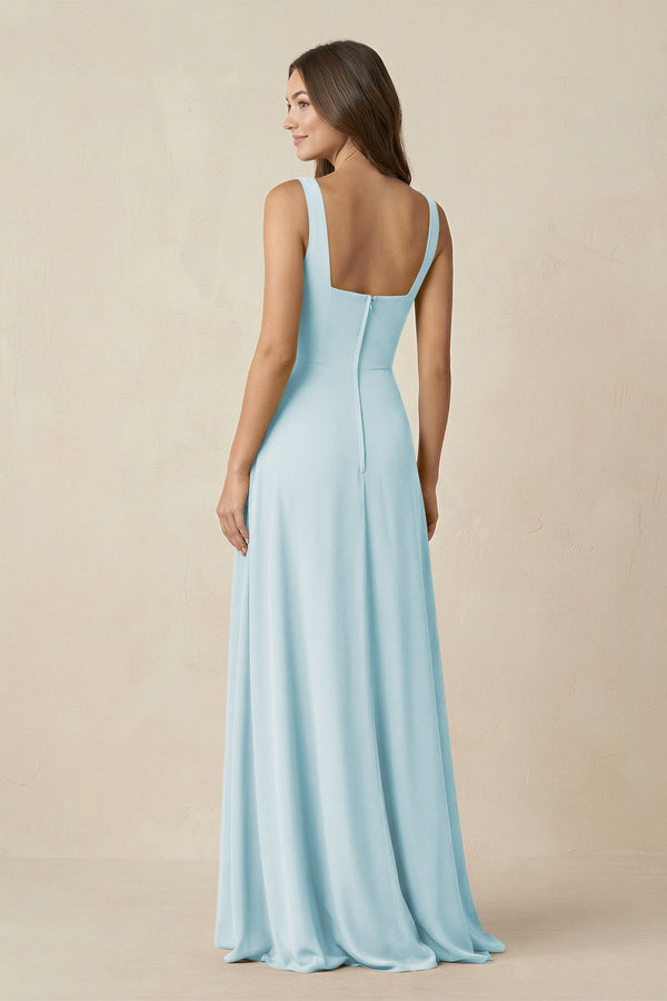 Square Neck A-Line Bridesmaid Dress With Slit in Sky Blue - KissProm BRIDESMAID DRESSES