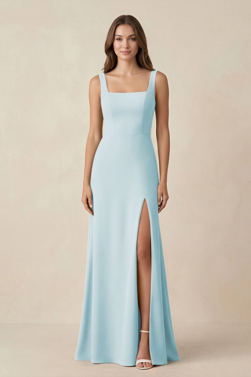 Square Neck A-Line Bridesmaid Dress With Slit in Sky Blue - KissProm BRIDESMAID DRESSES
