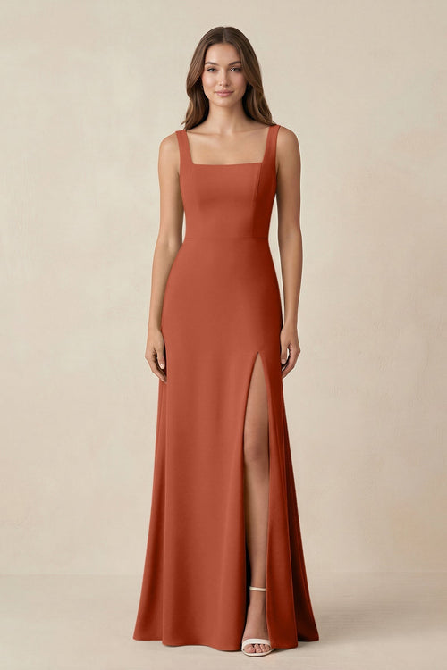 Square Neck A-Line Bridesmaid Dress With Slit in Spice - KissProm BRIDESMAID DRESSES