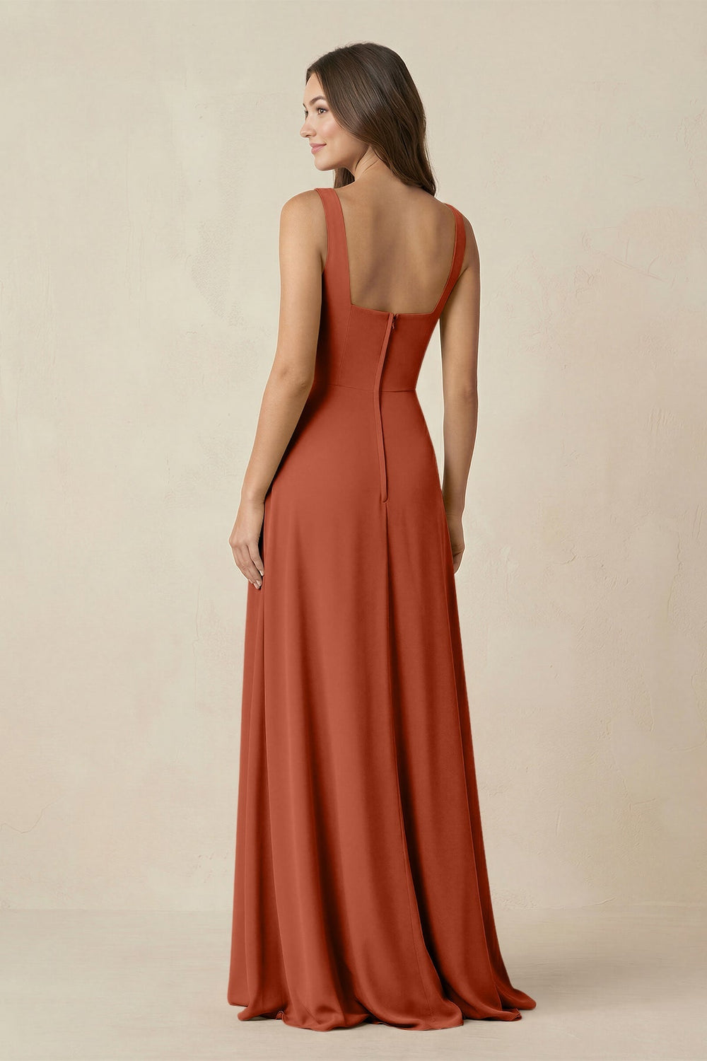 Square Neck A-Line Bridesmaid Dress With Slit in Spice - KissProm BRIDESMAID DRESSES
