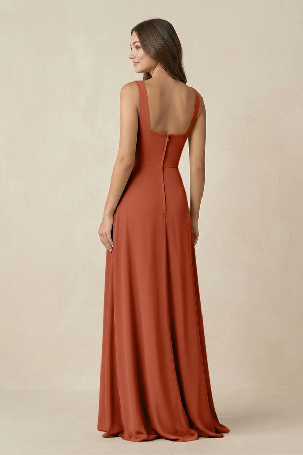 Square Neck A-Line Bridesmaid Dress With Slit in Spice - KissProm BRIDESMAID DRESSES
