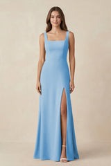 Square Neck A-Line Bridesmaid Dress With Slit in Steel Blue - KissProm BRIDESMAID DRESSES