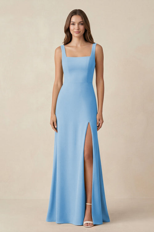 Square Neck A-Line Bridesmaid Dress With Slit in Steel Blue - KissProm BRIDESMAID DRESSES