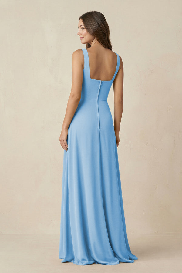 Square Neck A-Line Bridesmaid Dress With Slit in Steel Blue - KissProm BRIDESMAID DRESSES
