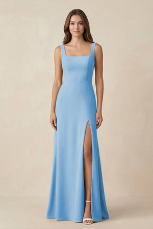 Square Neck A-Line Bridesmaid Dress With Slit in Steel Blue - KissProm BRIDESMAID DRESSES