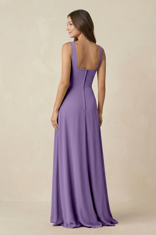 Square Neck A-Line Bridesmaid Dress With Slit in Tahiti - KissProm BRIDESMAID DRESSES