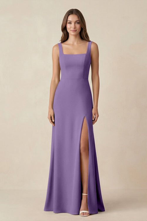 Square Neck A-Line Bridesmaid Dress With Slit in Tahiti - KissProm BRIDESMAID DRESSES