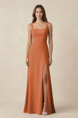 Square Neck A-Line Bridesmaid Dress With Slit in Terracotta - KissProm BRIDESMAID DRESSES